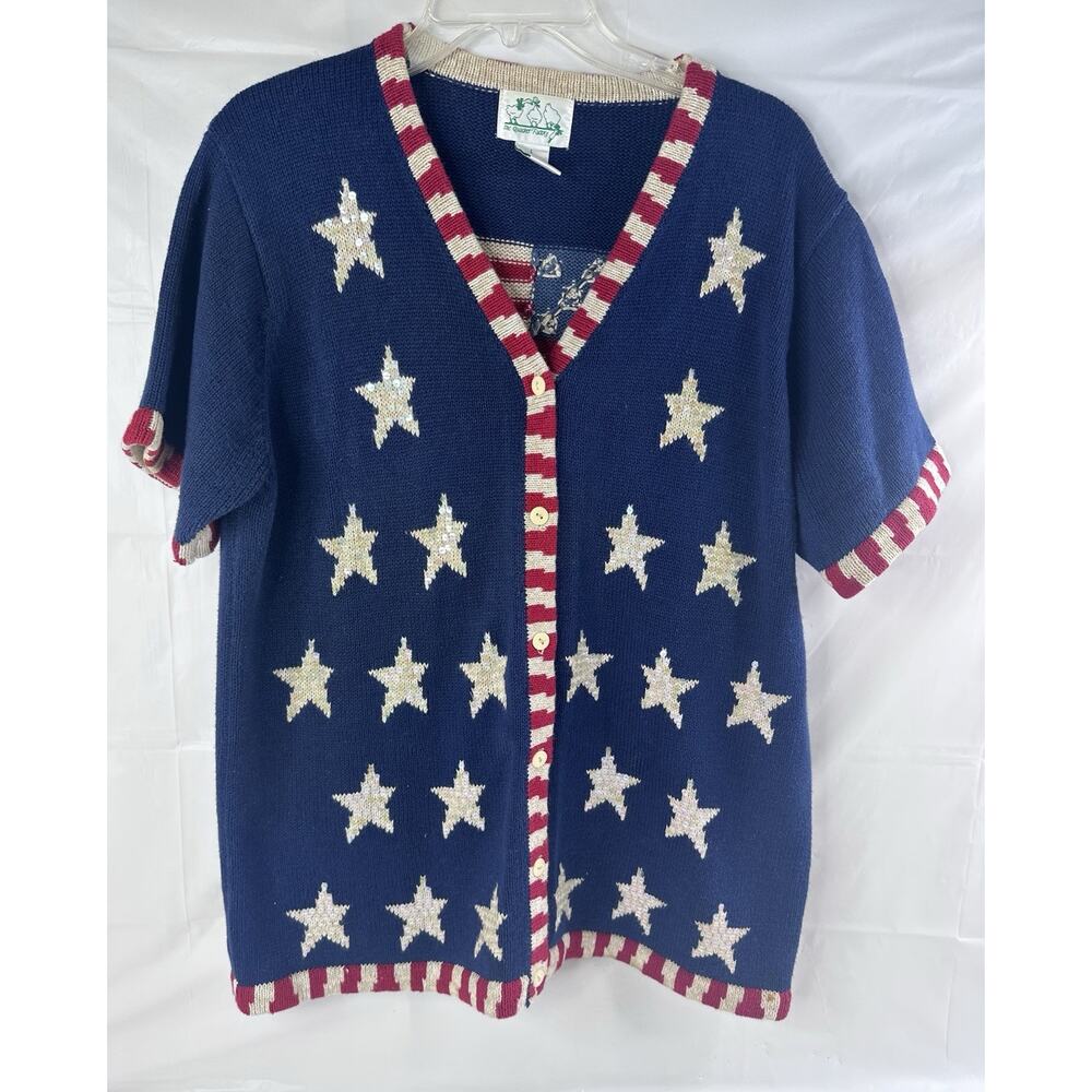 The Quacker Factory Short Sleeve Sweater American Flag 4th of July Size Large